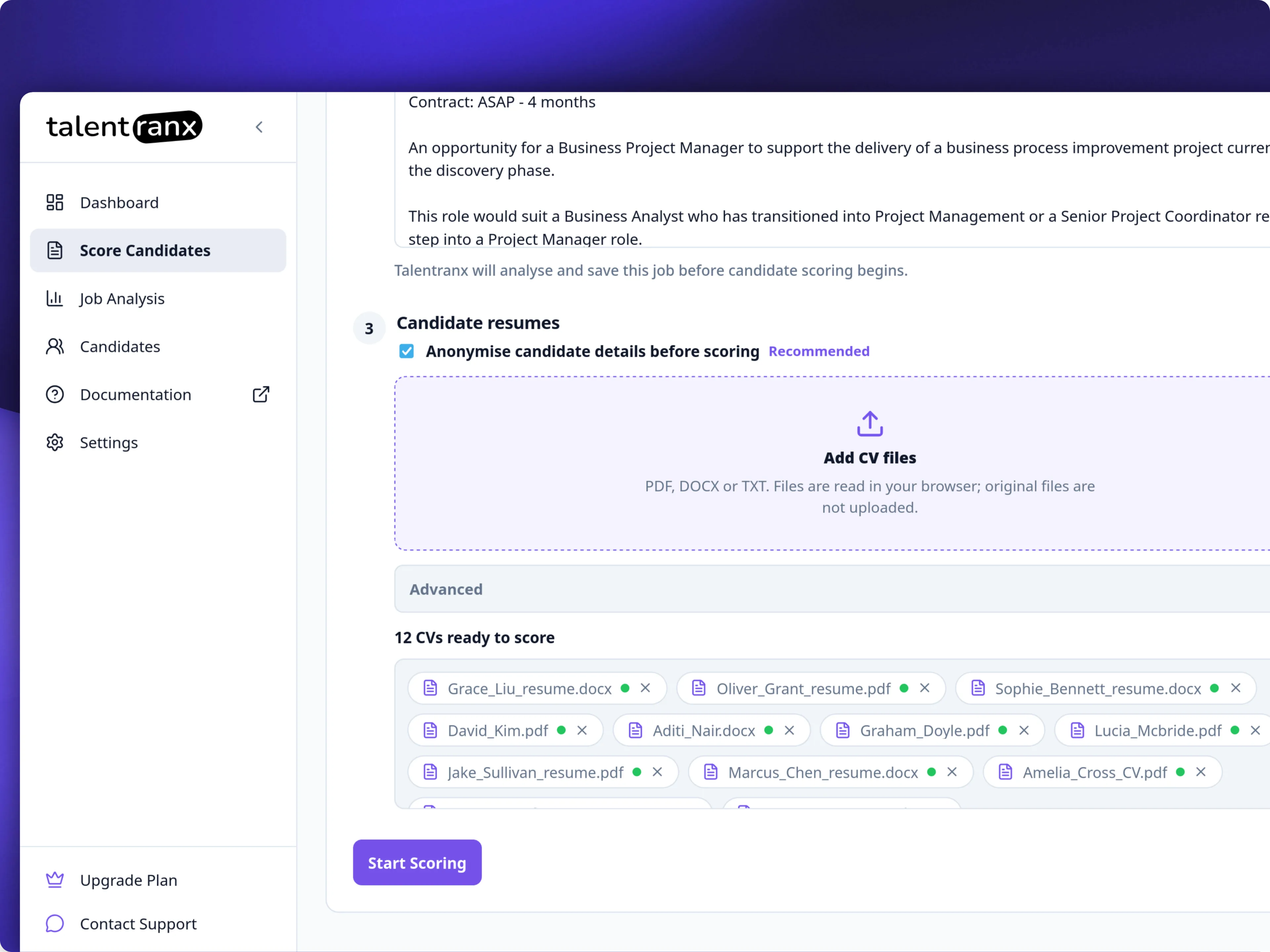 Score Candidates setup screen