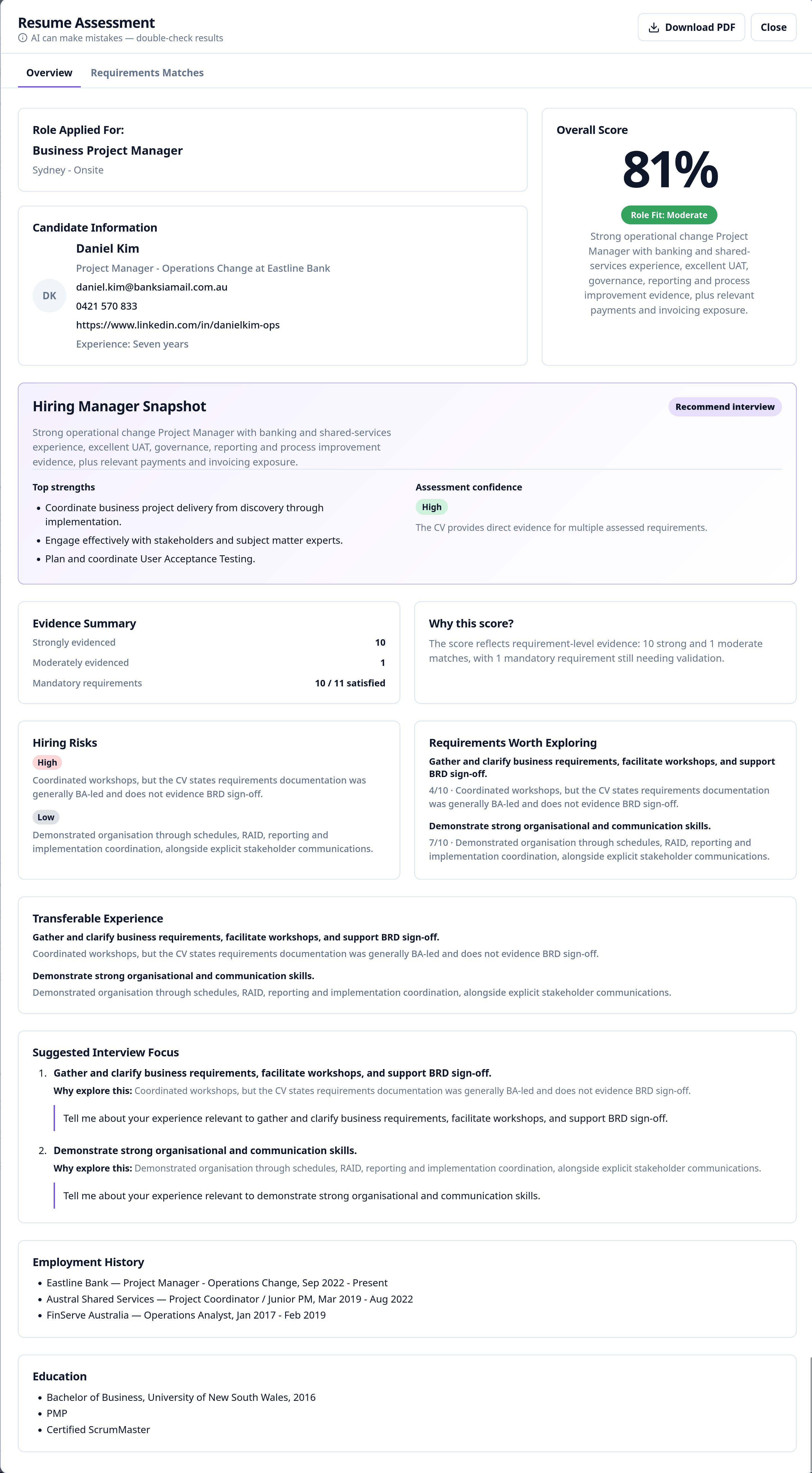 In-app candidate assessment modal